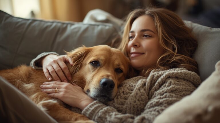 Golden Retriever sitting on a couch beside a smiling owner, symbolizing the shift from working dogs to beloved family members