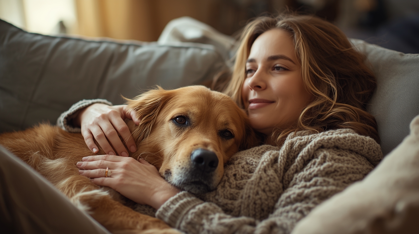 Golden Retriever sitting on a couch beside a smiling owner, symbolizing the shift from working dogs to beloved family members
