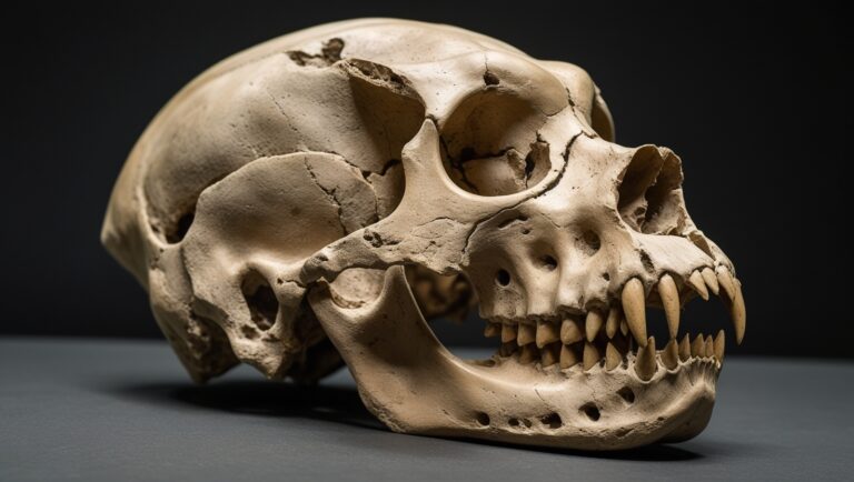 Skull of a 31,700-year-old ancient dog fossil found in Goyet Cave, Belgium, showing early domestication traits