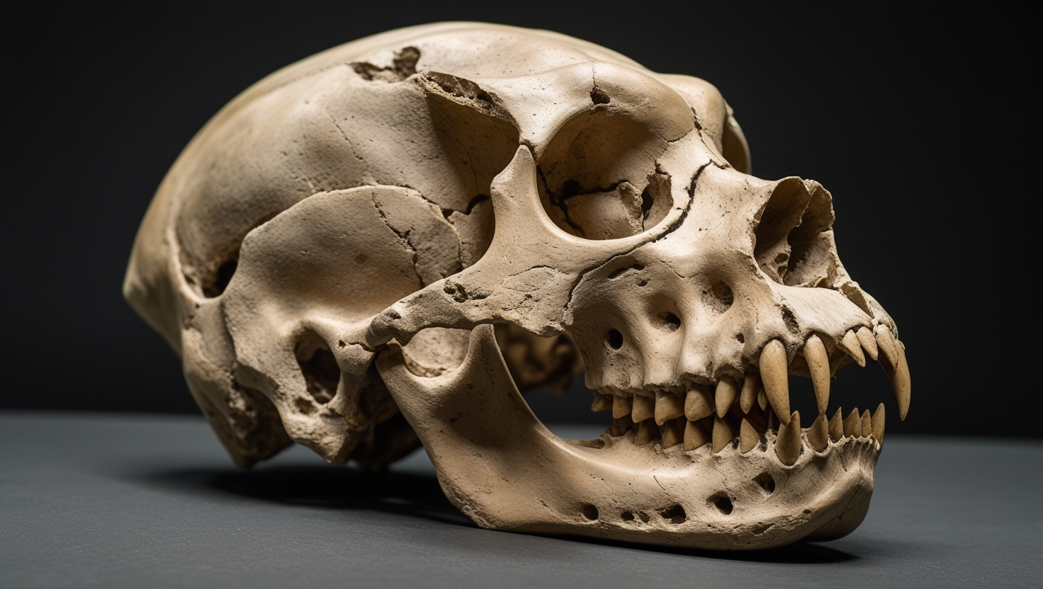 Skull of a 31,700-year-old ancient dog fossil found in Goyet Cave, Belgium, showing early domestication traits