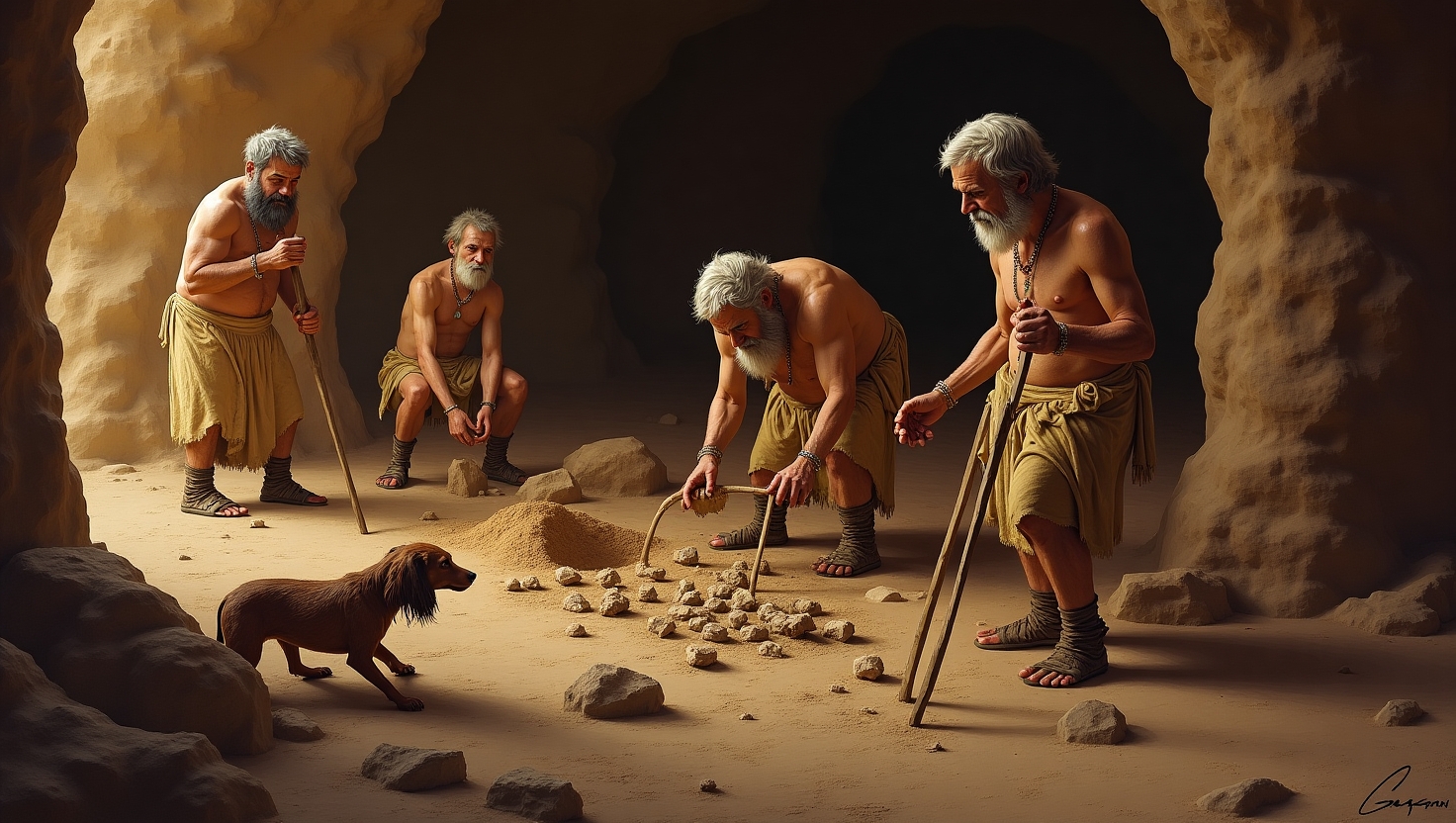 Archaeologists uncovering ancient dog bones in a burial site, representing the earliest evidence of dog domestication.