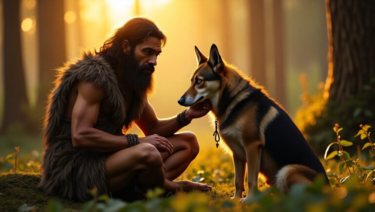 Early human and prehistoric dog sharing a moment during the Paleolithic era, symbolizing the beginning of the human-dog bond