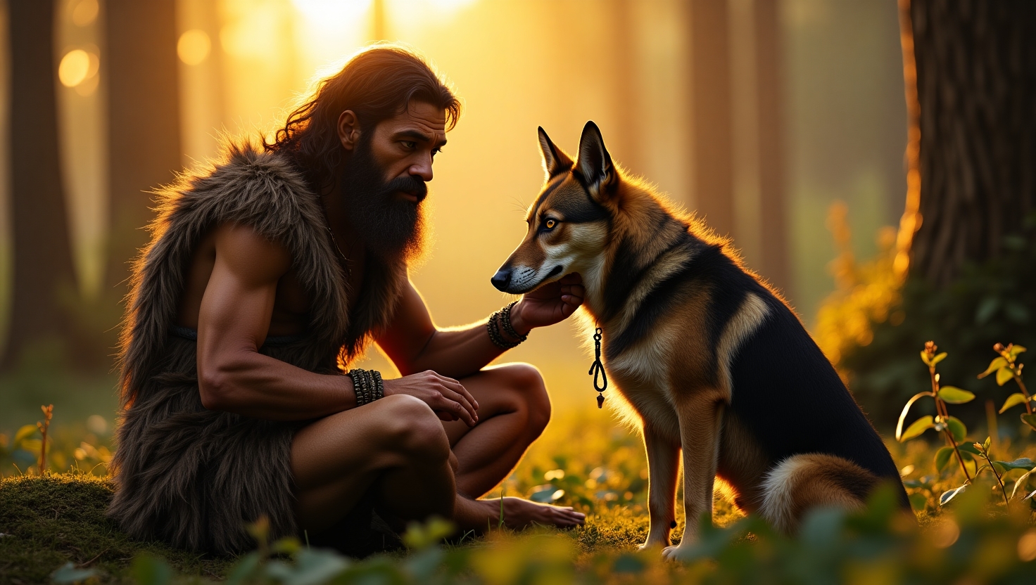 Early human and prehistoric dog sharing a moment during the Paleolithic era, symbolizing the beginning of the human-dog bond