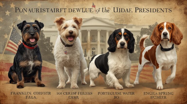 Collection of famous U.S. presidential dogs including Fala, Bo, Checkers, Millie, and Laddie Boy