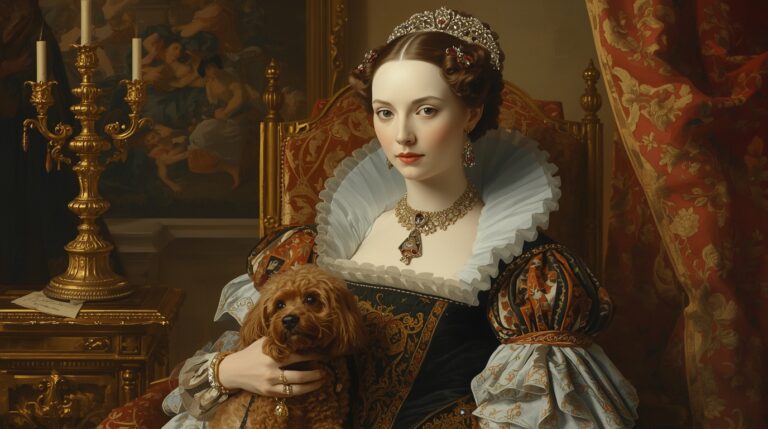 Royal Renaissance lady with lapdog in portrait, symbolizing loyalty and grace