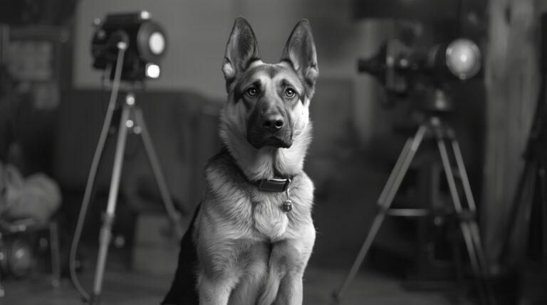 Rin Tin Tin, a German Shepherd dog, posing proudly on a movie set during the silent film era in Hollywood