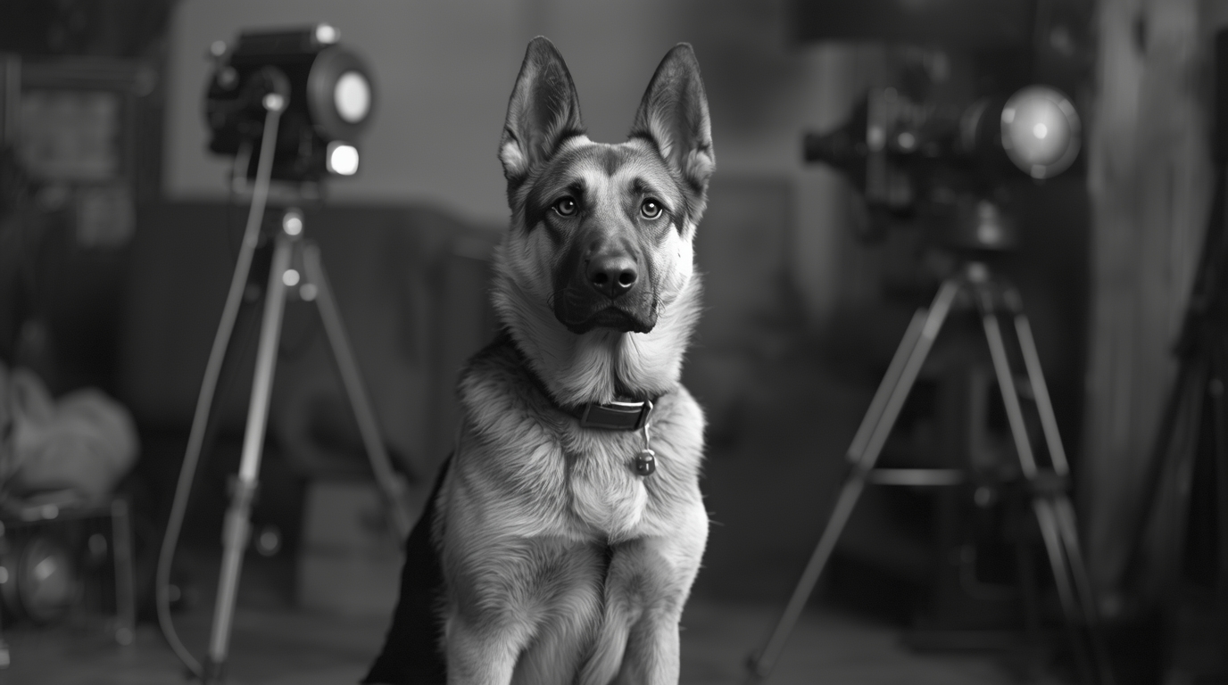 Rin Tin Tin, a German Shepherd dog, posing proudly on a movie set during the silent film era in Hollywood