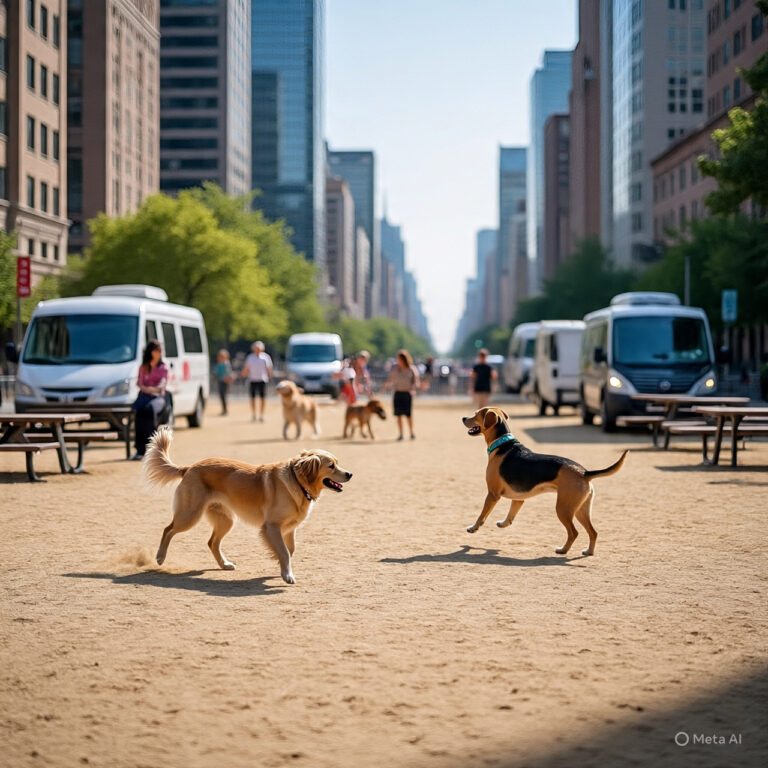 Urban dog park with dogs playing, pet owners socializing, and modern pet service facilities in the background