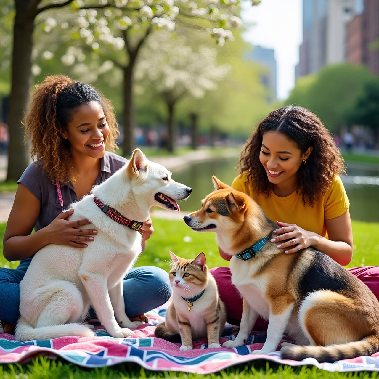 Happy pet owners celebrating with their dogs and cats, symbolizing the modern pet culture trend in the 21st century.