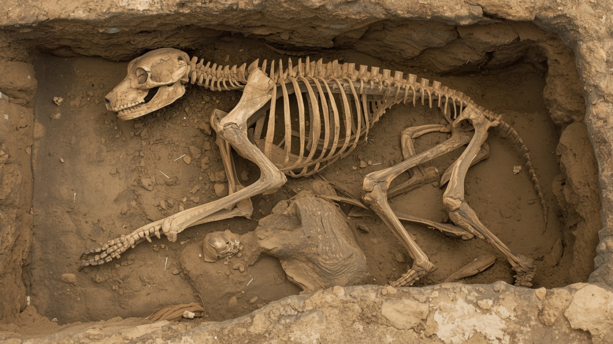 Ancient burial showing a human and dog skeleton side by side, symbolizing early domestication and companionship