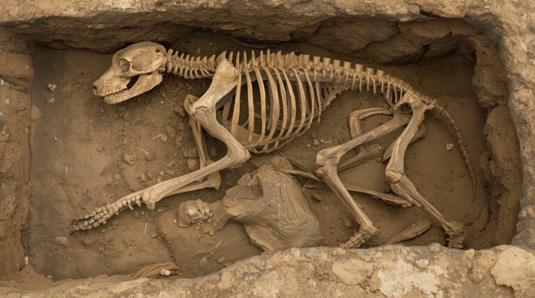 Ancient burial showing a human and dog skeleton side by side, symbolizing early domestication and companionship