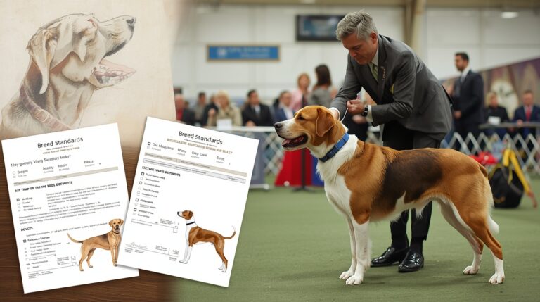 Kennel club officials examining a dog at a conformation show, with breed standard illustrations in the background