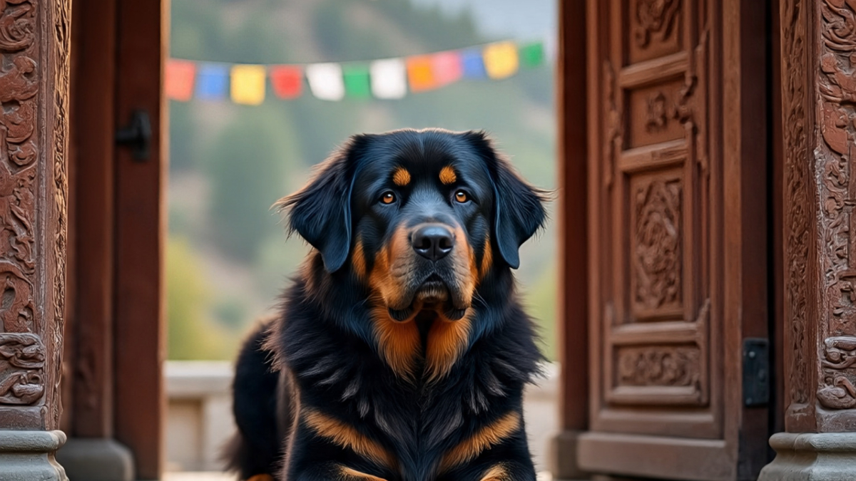 Tibetan mastiff resting on the steps of a Himalayan monastery, symbolizing spiritual protection