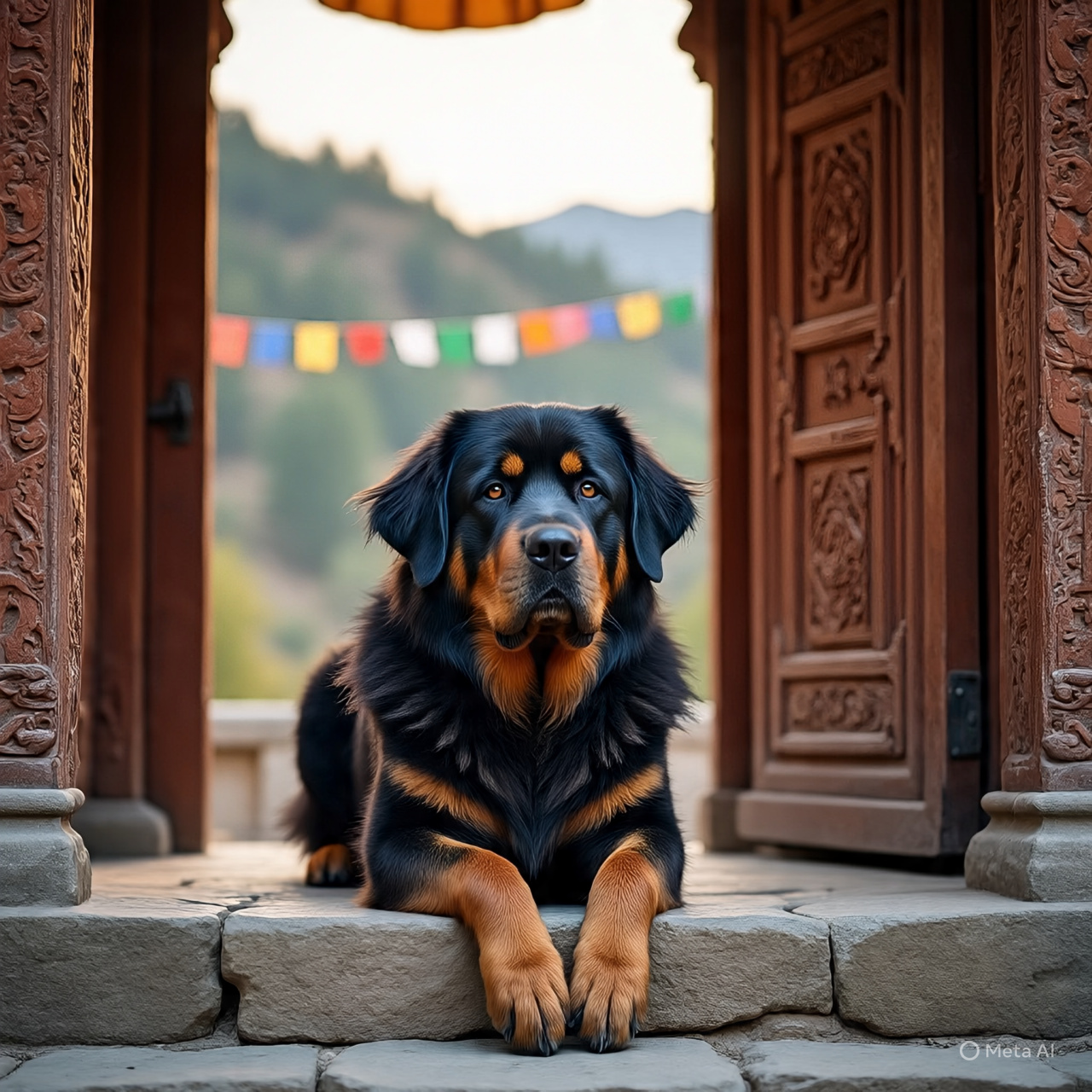 Tibetan mastiff resting on the steps of a Himalayan monastery, symbolizing spiritual protection