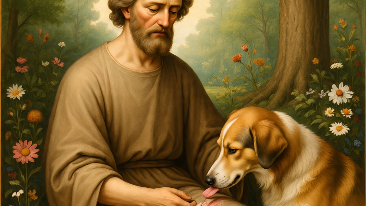 Saint Roch with a faithful dog bringing bread, a symbol of divine mercy in Christian tradition