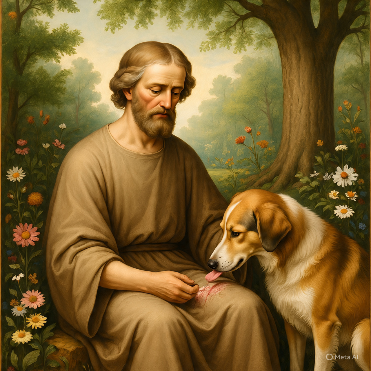 Saint Roch with a faithful dog bringing bread, a symbol of divine mercy in Christian tradition