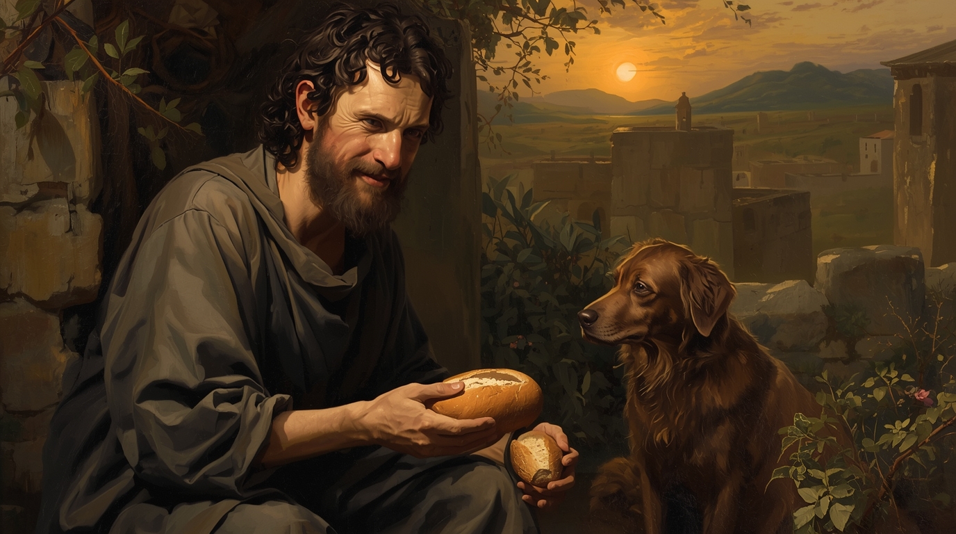 Saint Roch lying sick in a monastery with his healing dog beside him
