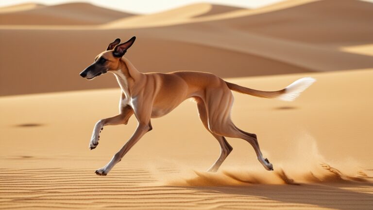 Saluki dog running across desert dunes in the Middle East
