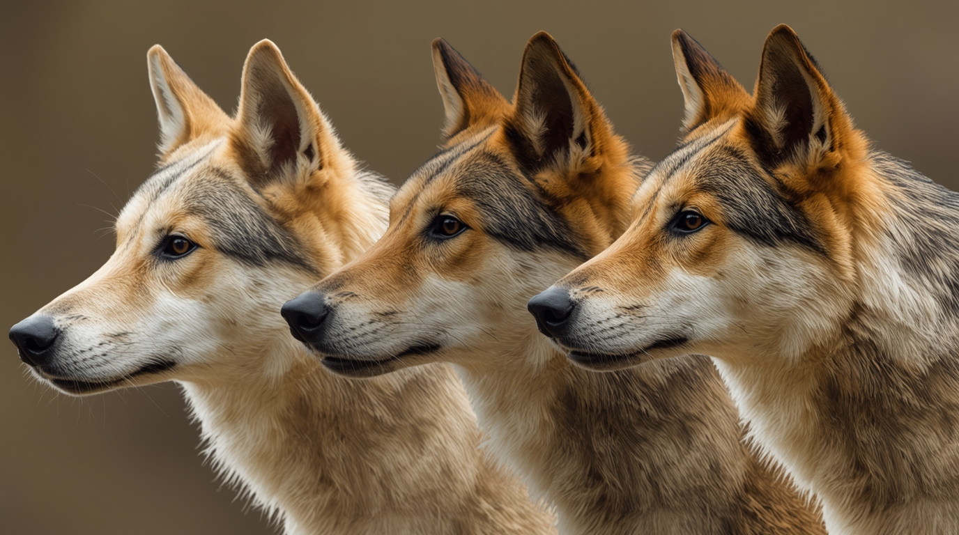 Illustration comparing early domesticated dogs with wolves, showing morphological and behavioral differences caused by selective breeding