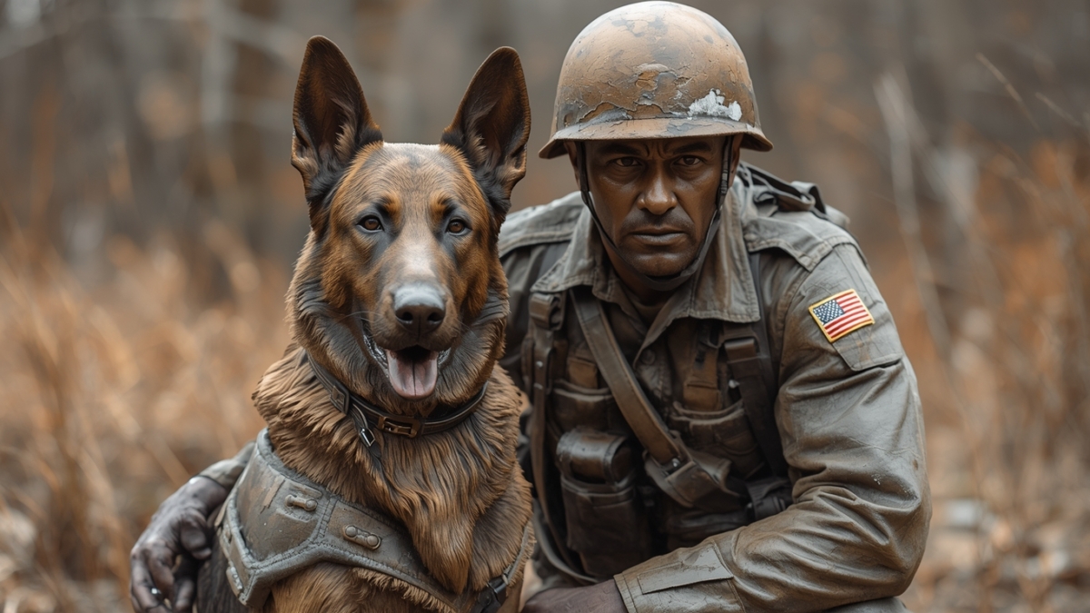 Bronze statue of a military dog and handler at the Vietnam War Dog Memorial in Fort Benning, Georgia