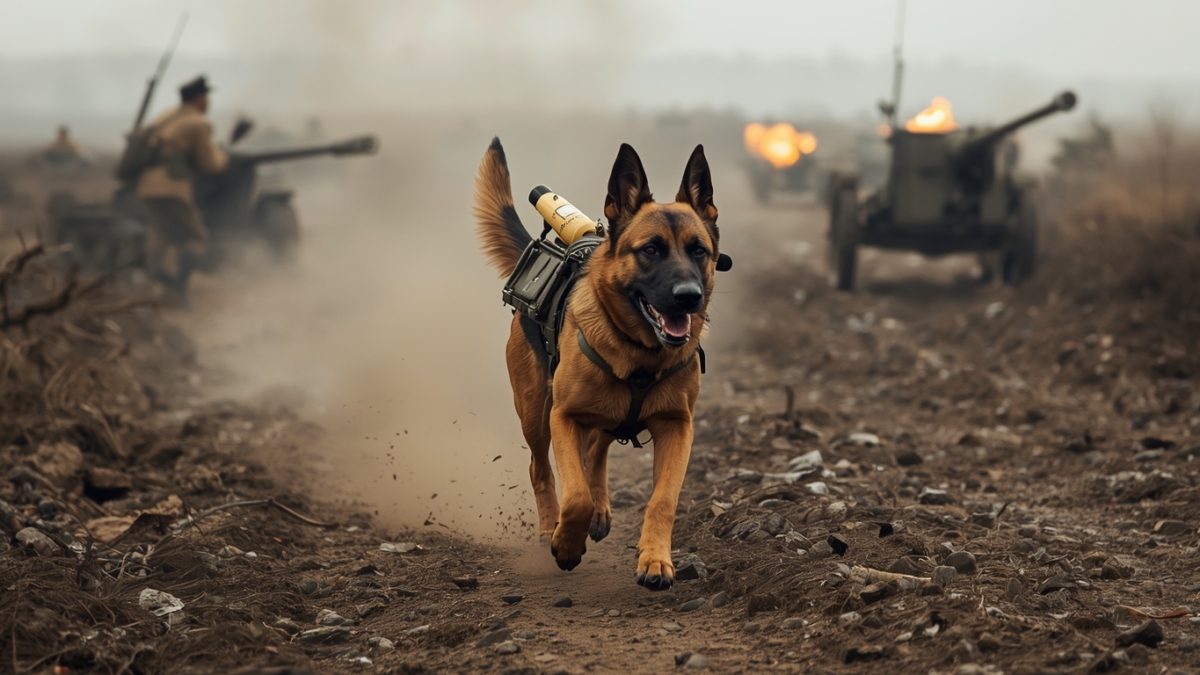 German Shepherd war dog carrying a message across the battlefield during World War I Image Description: A trained German Shepherd messenger dog running across a smoky World War I battlefield with a capsule strapped to its collar, delivering urgent information between command posts while artillery fires in the background. This photo captures the bravery and tactical importance of dogs in warfare, especially in the messenger role.