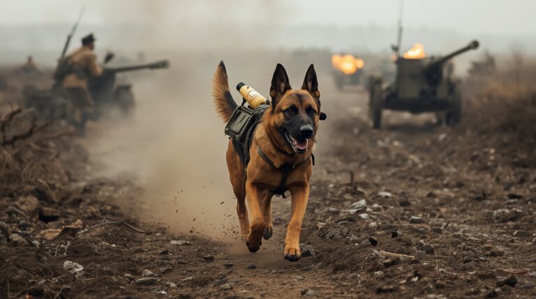 German Shepherd war dog carrying a message across the battlefield during World War I Image Description: A trained German Shepherd messenger dog running across a smoky World War I battlefield with a capsule strapped to its collar, delivering urgent information between command posts while artillery fires in the background. This photo captures the bravery and tactical importance of dogs in warfare, especially in the messenger role.