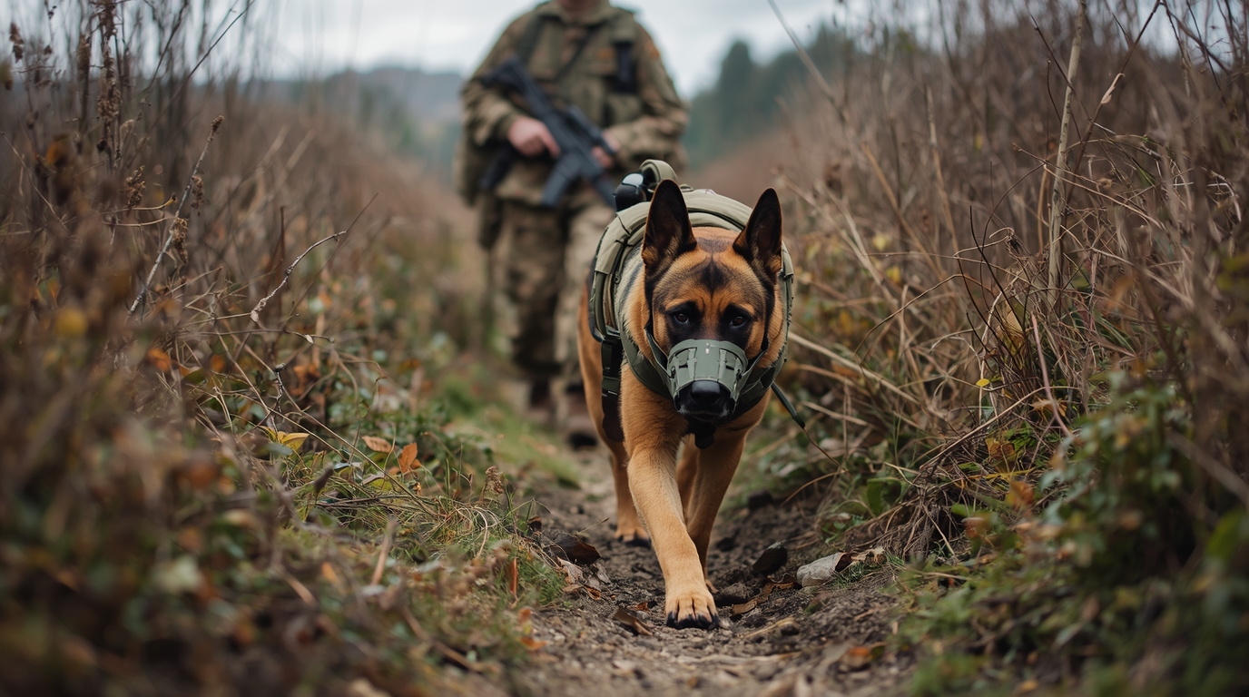 German Shepherd dog detecting mines for soldiers during World War II battlefield operations