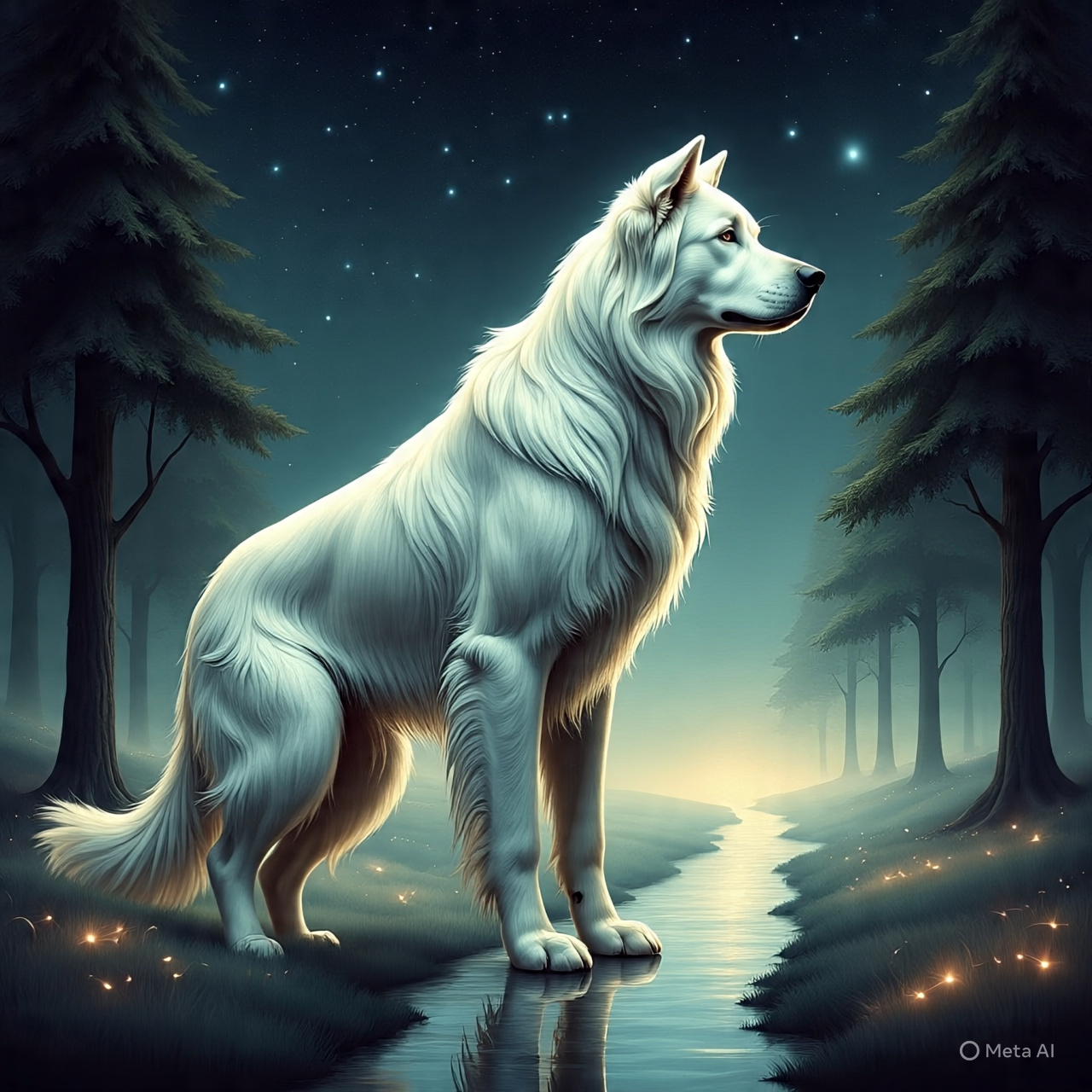 Spirit dog leading a Native soul through the afterlife path in traditional tribal art