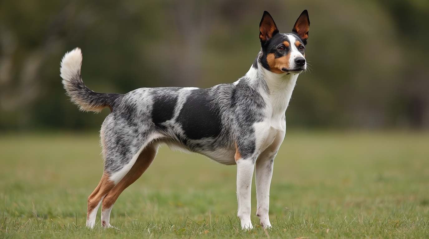 Australian Cattle Dog standing alert in a field, showing blue-speckled coat and strong build
