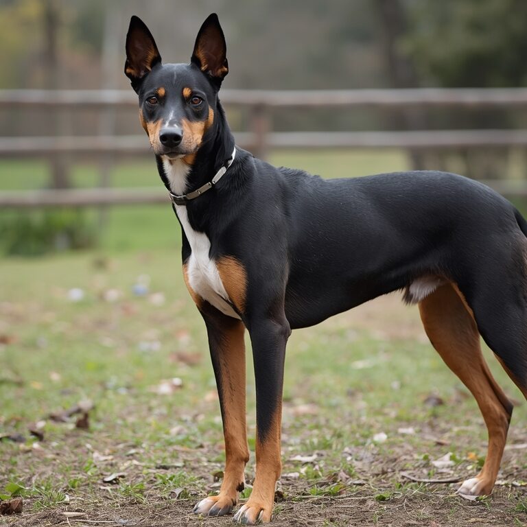 Australian Kelpie dog standing alert on grass, showcasing athletic build and working heritage