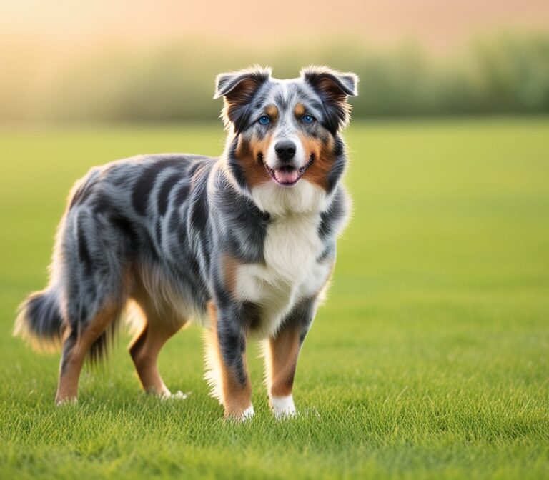 Australian Shepherd dog with blue merle coat and blue eyes standing outdoors