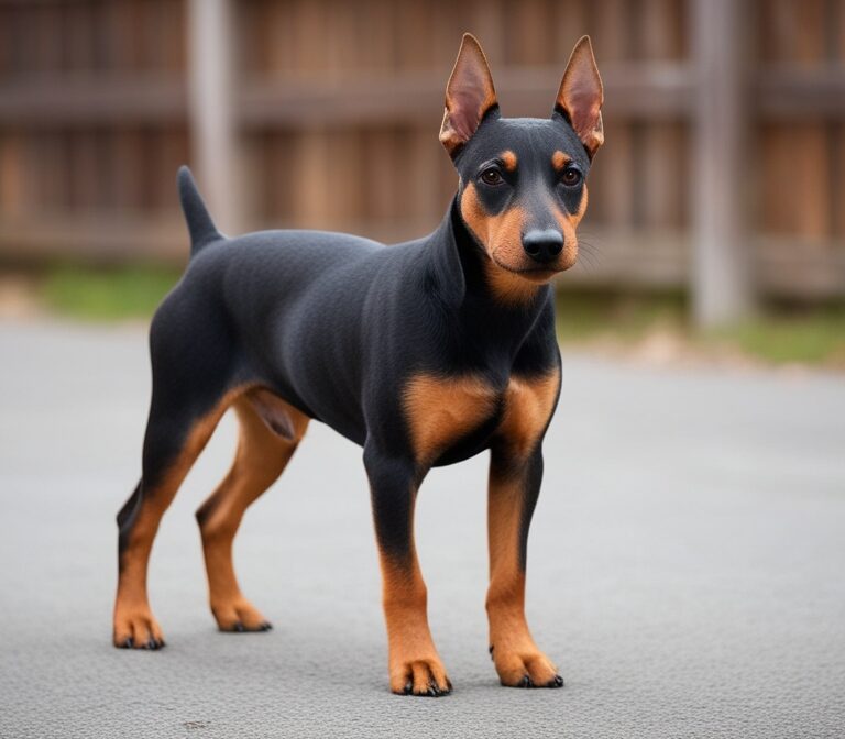 Medium-sized Austrian Pinscher dog with short coat and alert expression standing outdoors