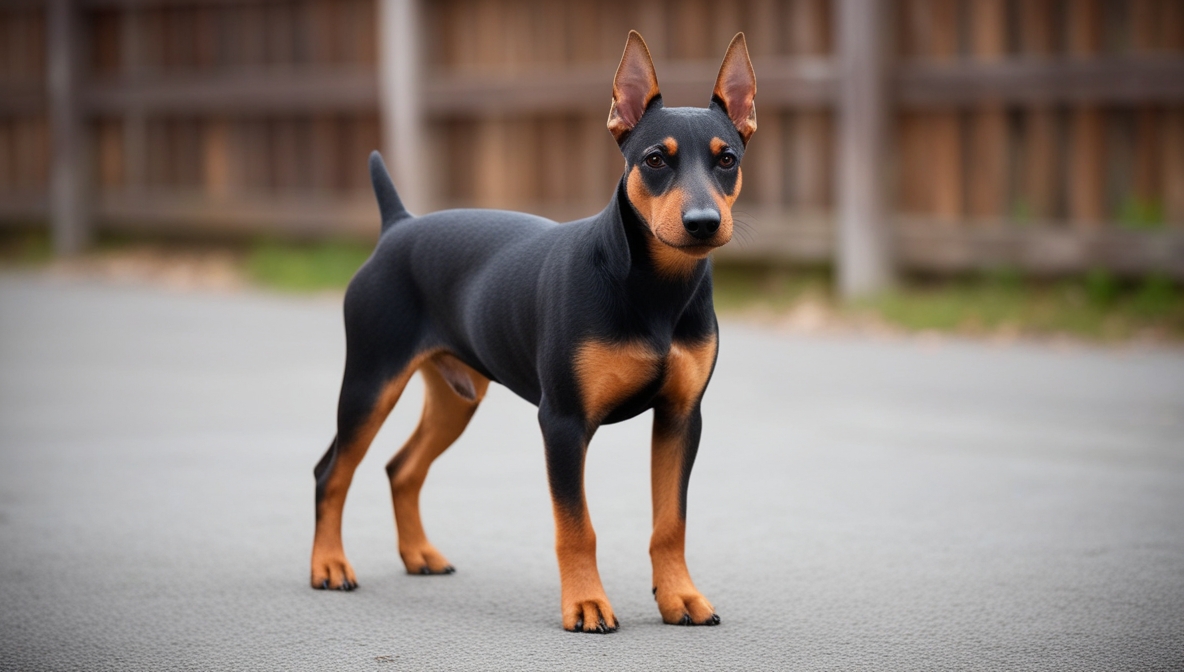 Medium-sized Austrian Pinscher dog with short coat and alert expression standing outdoors