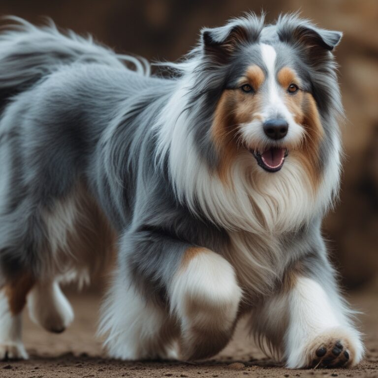 Bearded Collie with long shaggy coat standing in a grassy field