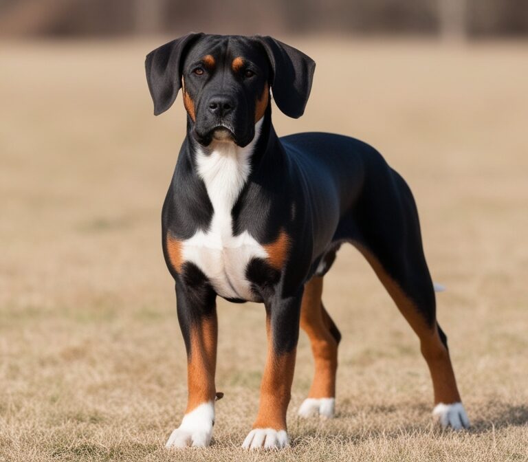 Beauceron dog standing alert in a field with black and rust coat colors