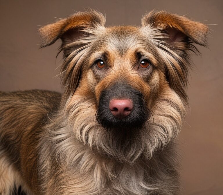 Berger Picard dog with shaggy coat and upright ears standing in a grassy field