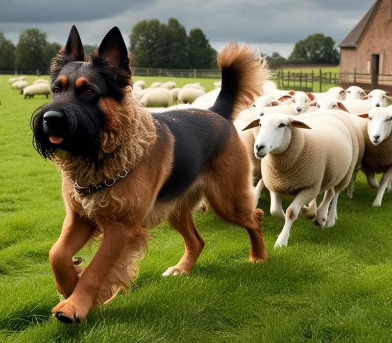 Bouvier des Ardennes herding sheep in the Belgian countryside