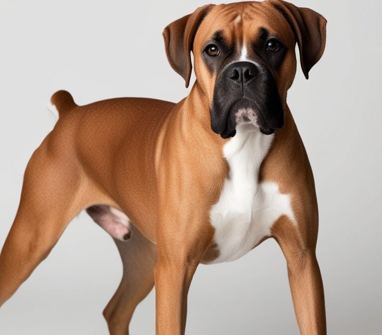 Boxer dog sitting on grass showing muscular build and playful expression