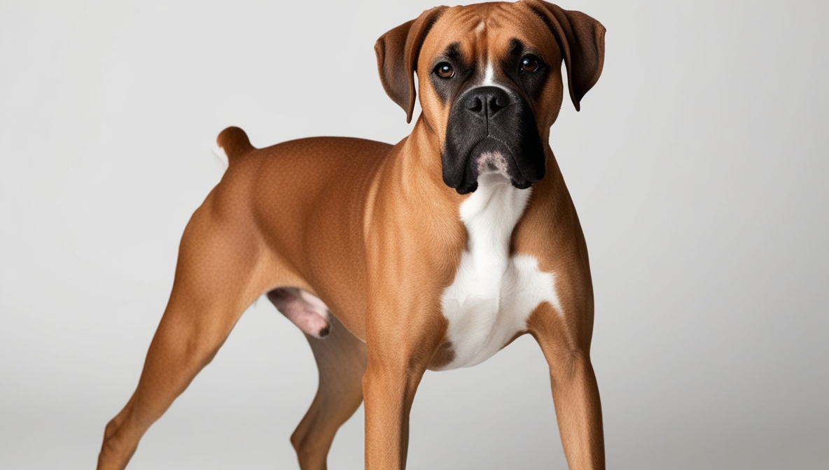 Boxer dog sitting on grass showing muscular build and playful expression