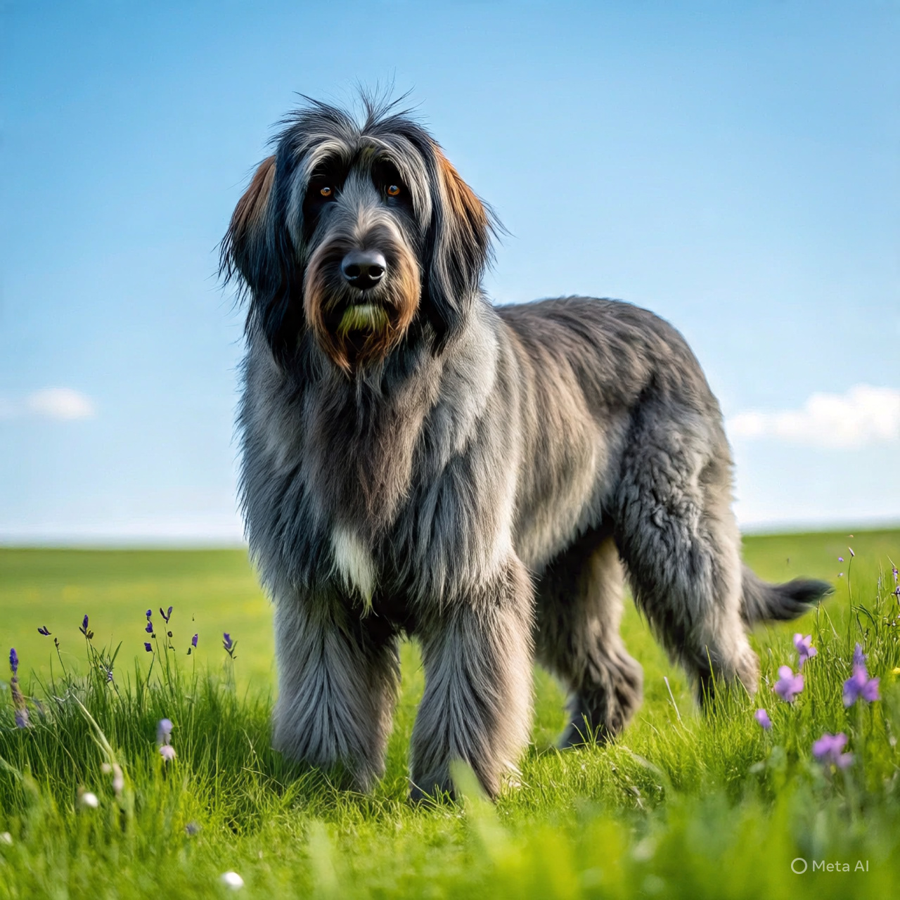 A Briard dog with a long wavy coat standing proudly in a grassy field