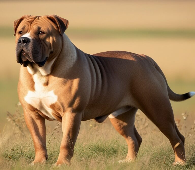 Large Bullmastiff dog standing on grass showing muscular build