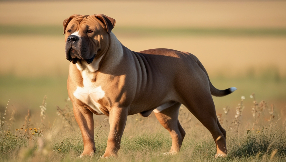 Large Bullmastiff dog standing on grass showing muscular build