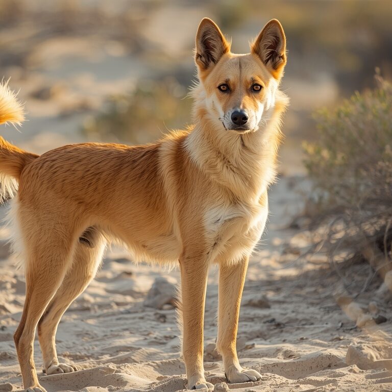 A Canaan Dog standing alert in the desert with ears perked and tail curled over its back