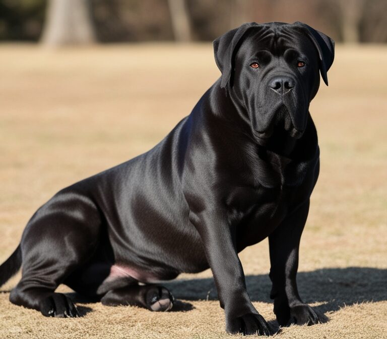Black Cane Corso sitting alert in a green field showing muscular build