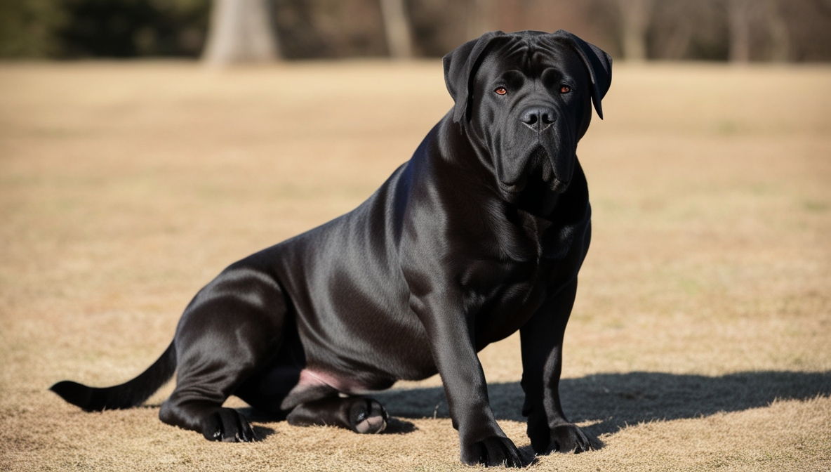Black Cane Corso sitting alert in a green field showing muscular build