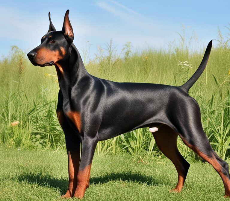 Dobermann dog standing alert in a field showing muscular build and sleek coat