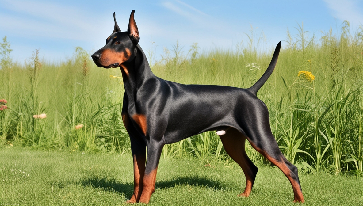 Dobermann dog standing alert in a field showing muscular build and sleek coat