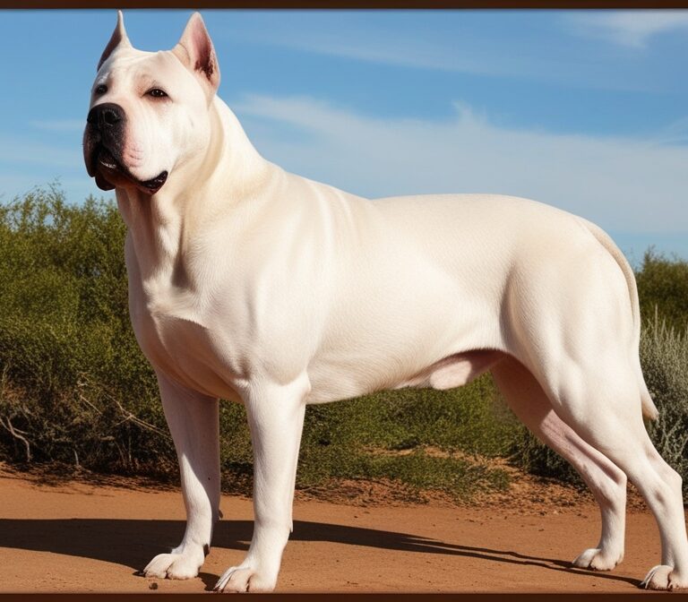 White Dogo Argentino standing alert with muscular build and protective stance