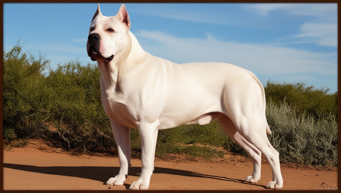 White Dogo Argentino standing alert with muscular build and protective stance