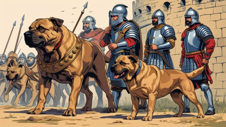 Molossian war dog and medieval mastiff in armor on historical battlefield scenes